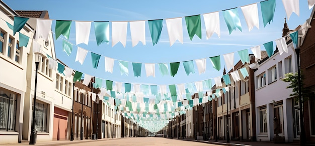 Photo Green Bunting Flags in Streets for12 Rabi Ul Awal islamic celebration generative ai