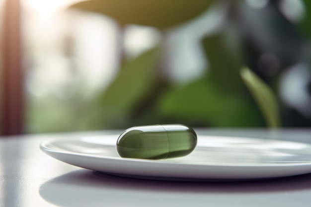 Photo of the green capsule on a small white plate with a blurred background