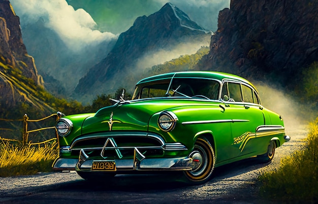 Photo a green classic car is on a mountain road Generative AI