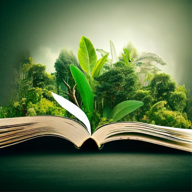 열린 책을 통해 보여주는 녹색 생태 나무 사진