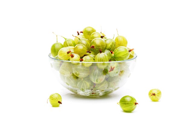 Photo of green gooseberry in glass cup on empty white background in studio