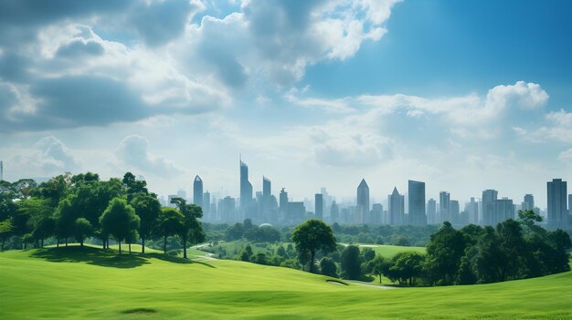 Photo of green grass and trees surrounding the city skyline or cityscape