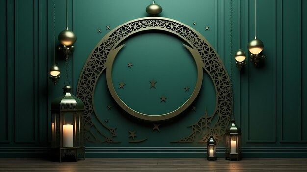 Photo green islamic decoration with 3d crescent and lantera