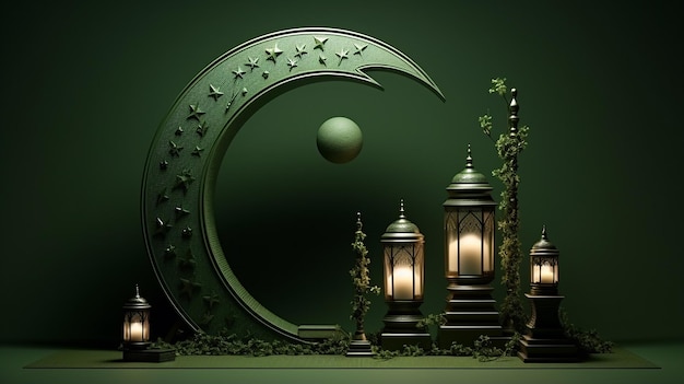 Photo green islamic decoration with 3d crescent and lantera