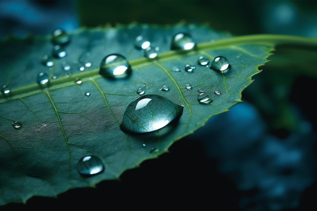 水滴が付いた緑の葉を撮影する