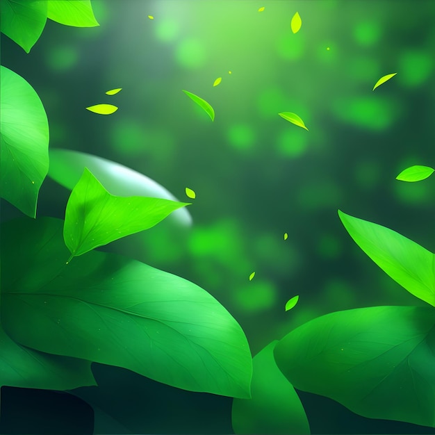 Photo of green leaves blowing in the wind against a vibrant background