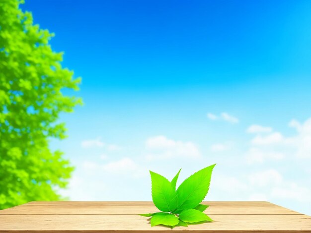 Photo Green leaves and a wooden table with blurred blue sky background