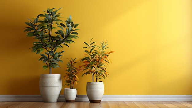 фото зеленого растения в белой гостиной со свободным пространством и желтым фоном, созданное AI