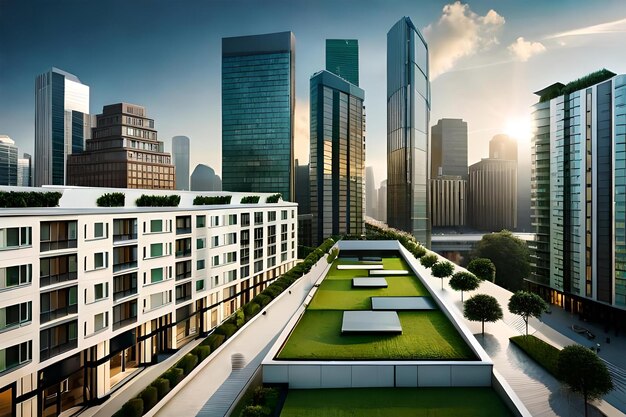 Photo green roof on commercial building with view of the city skyline