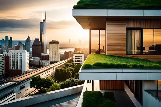 Photo green roof on commercial building with view of the city skyline