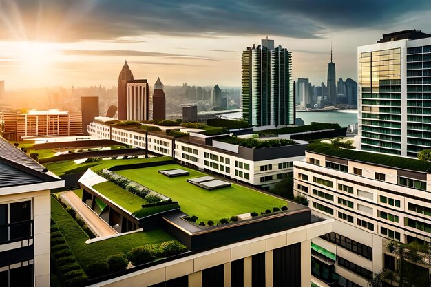 Photo green roof on commercial building with view of the city skyline