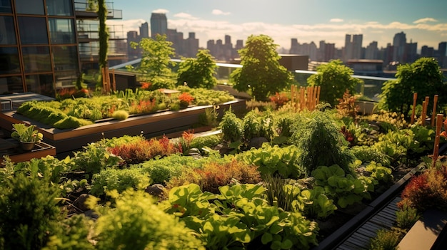 A photo of a green roof garden with urban agriculture