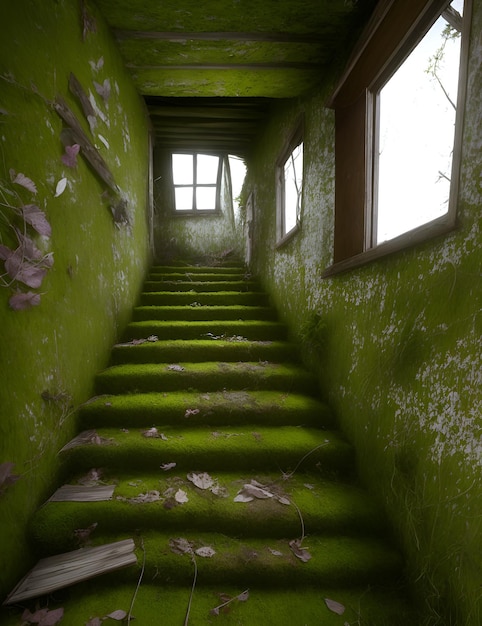 Photo of green stairs leading to a window in an architectural setting AI