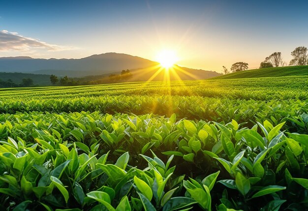 Photo of green tea buds leaves and plantation with morning sun shine background