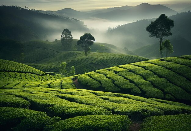 Photo of green tea buds leaves and plantation with morning sun shine background