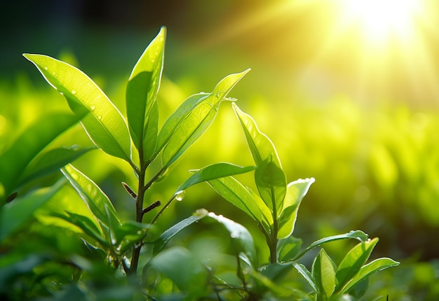 Фотография листьев зеленых чайных бутонов и плантации с утренним солнечным светом на заднем плане