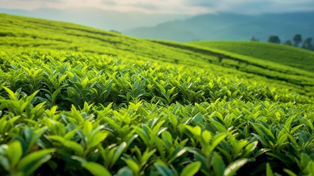 Photo green tea leaves tea buds green tea plantations in morning nature with sunshine