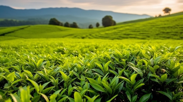 Photo green tea leaves tea buds green tea plantations in morning nature with sunshine