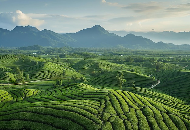 Photo of green tea plantations in morning with buds and leaves tea leaves on isolated white