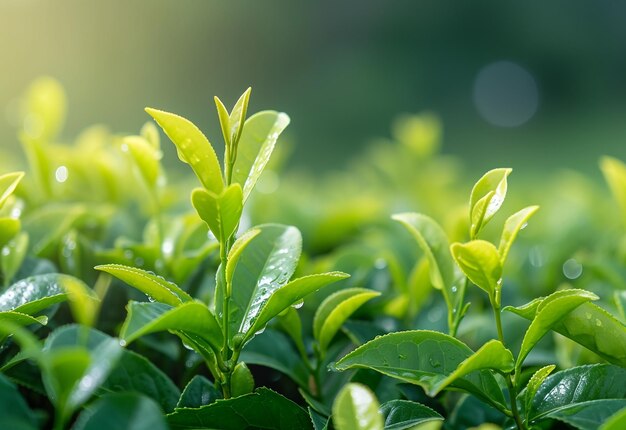 Photo of green tea plantations in morning with buds and leaves tea leaves on isolated white