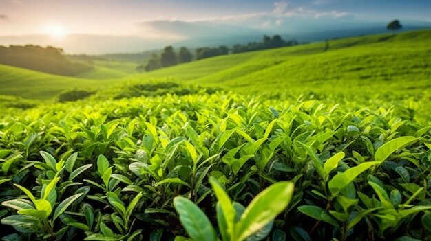 Photo of green tea plantations in morning with buds and leaves tea leaves on isolated white