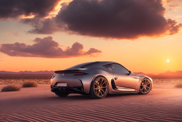 Photo a grey sports futuristic car on desert