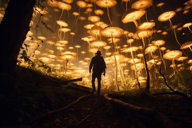 Photo photo of griffin in a field of glowing mushrooms