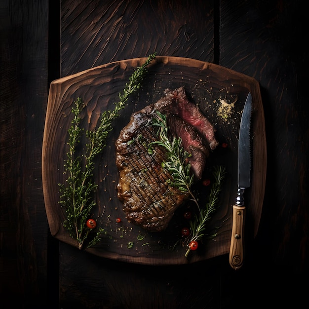photo grilled beef steak on the dark wooden surface food photography