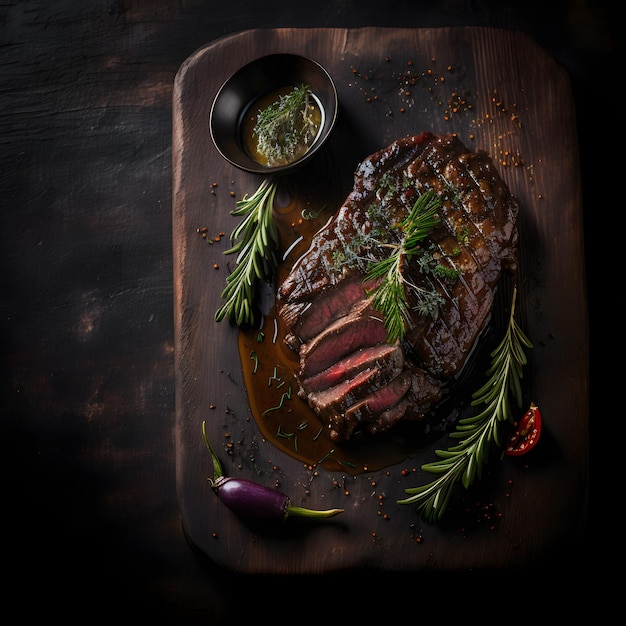 photo grilled beef steak on the dark wooden surface food photography