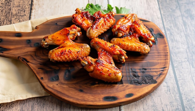 photo Grilled buffalo chicken wings on rustic wood plate