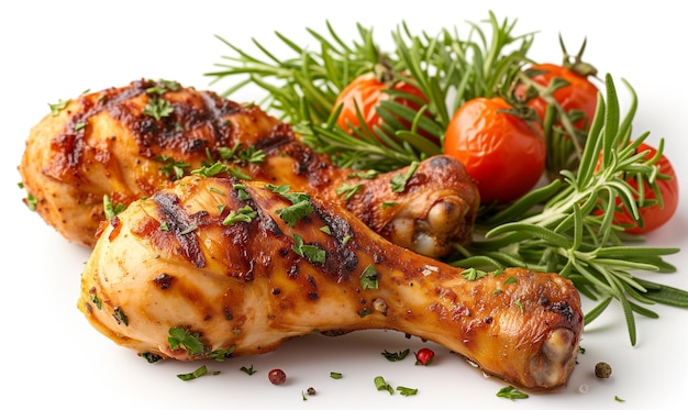 Photo of grilled chicken leg isolated white background