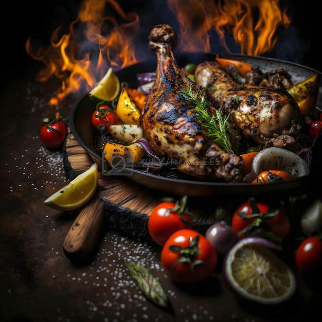 photo grilled chicken legs on the flaming grill with grilled vegetables with tomatoes, potatoes, pep
