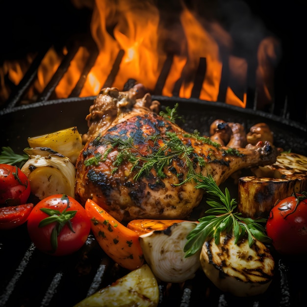 photo grilled chicken legs on the flaming grill with grilled vegetables with tomatoes, potatoes, pep