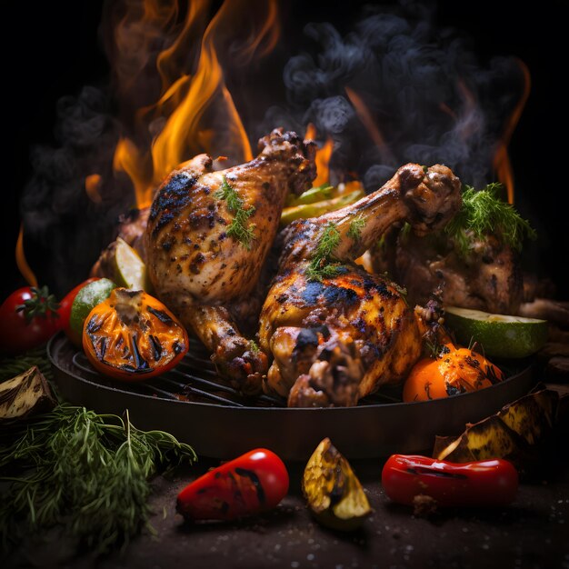 photo grilled chicken legs on the flaming grill with grilled vegetables with tomatoes, potatoes, pep