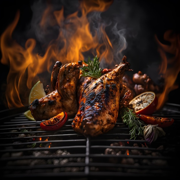 photo grilled chicken wings on the flaming grill with grilled vegetables in barbecue sauce with pepp