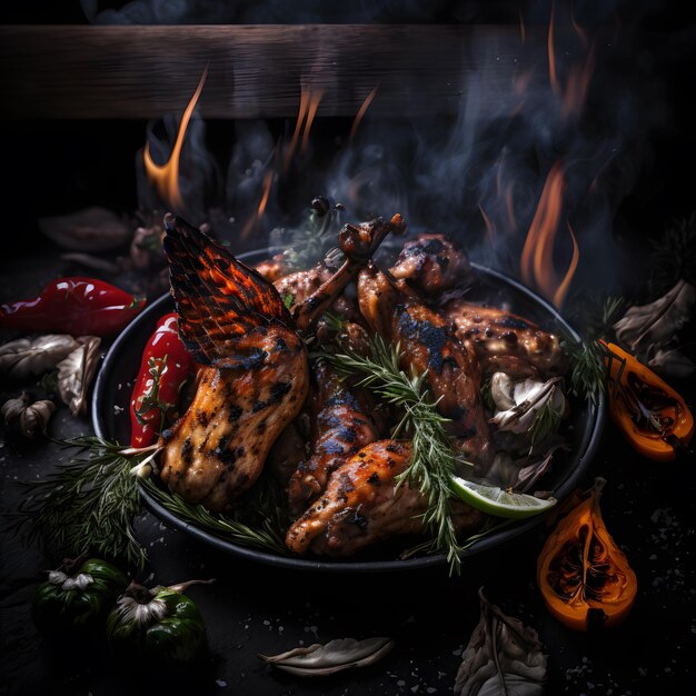 фото куриные крылышки гриль на пылающем гриле с овощами гриль в соусе барбекю с перцем