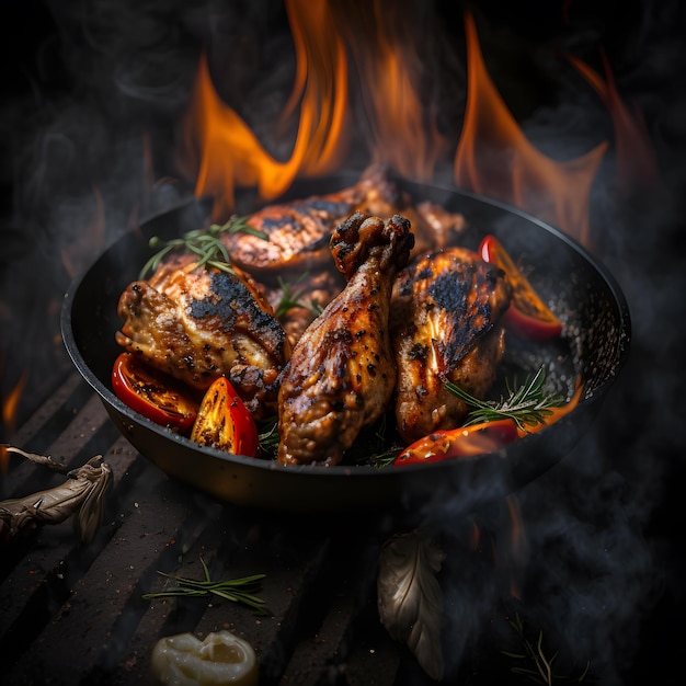 photo grilled chicken wings on the flaming grill with grilled vegetables in barbecue sauce