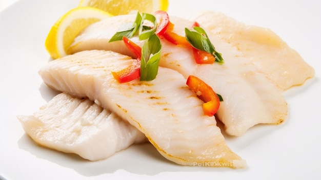 Photo of Grilled fish in white plate with vegetables served on plate Delicious food Generative AI