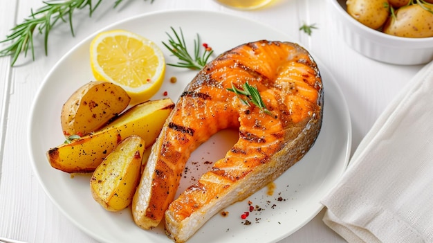 Фотография жареной рыбы на белой тарелке с овощами, подаваемыми на тарелку вкусная еда Генеративный ИИ