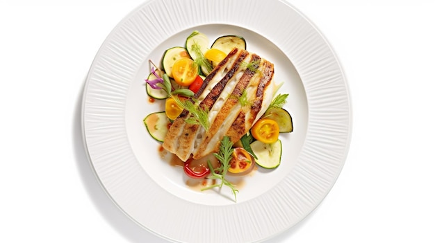 白い皿に焼いた魚と皿に配られた野菜の写真 美味しい食べ物 創造的なAI