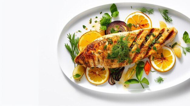 Foto foto di pesce alla griglia in piatto bianco con verdure servite sul piatto cibo delizioso ia generativa