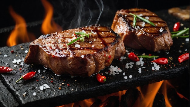 Foto le bistecche di maiale o di manzo alla griglia con peperoncino e sale stanno cadendo su un barbecue sullo sfondo nero