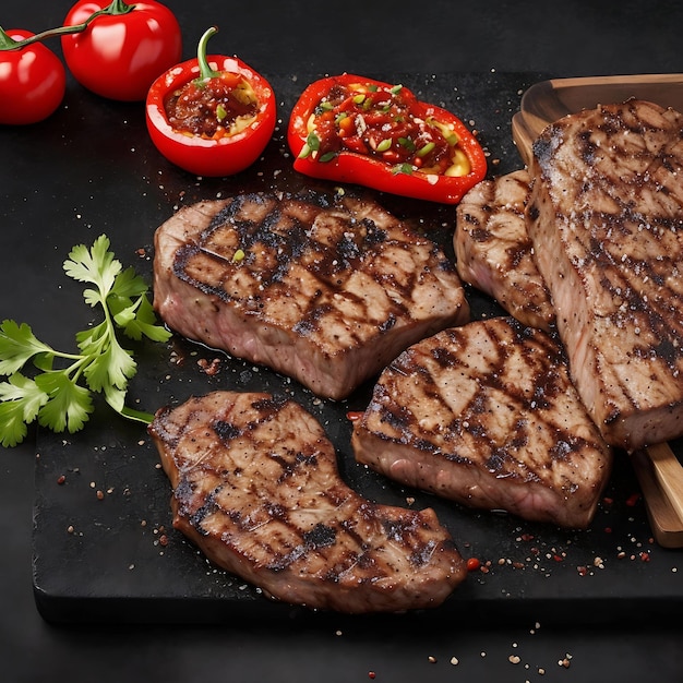 Photo grilled pork or beef steaks with chilli and tommato