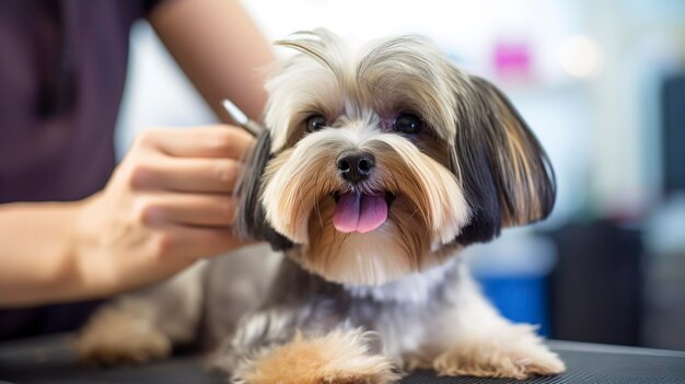 犬 の ひげ を 剪刀 で 剪定 する 修理 職人 の 写真