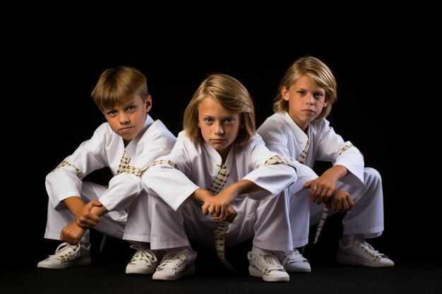 Photo group of boys children training martial arts karate isolated over black studio background