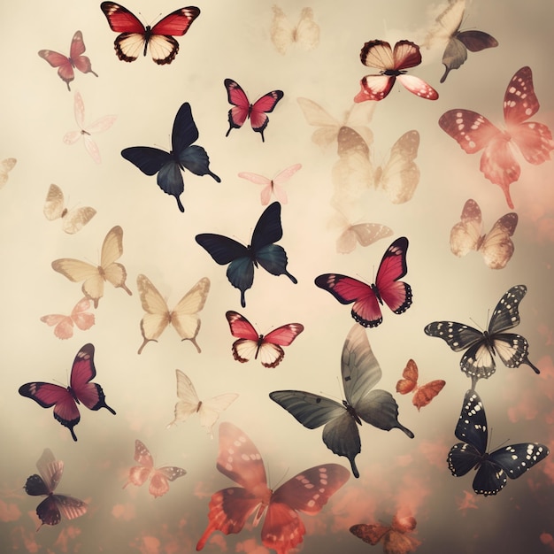 빈티지 포스터 스타일로 서로 날아다니는 나비 그룹의 사진