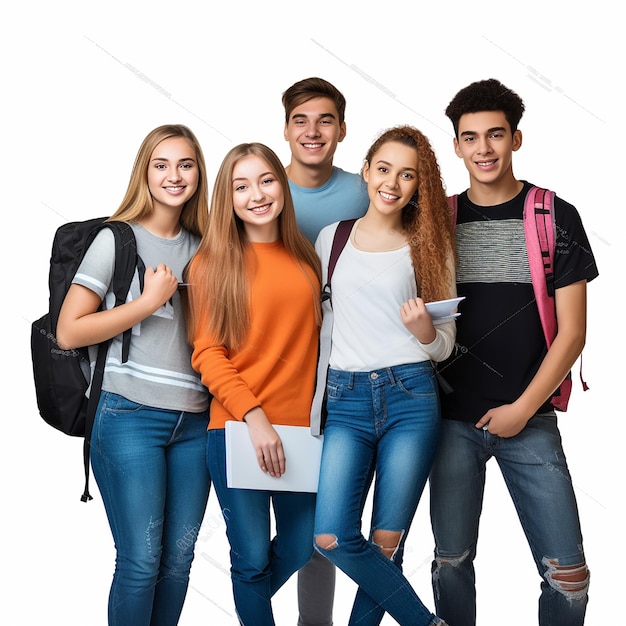 Photo group of college students school students friends with educational items