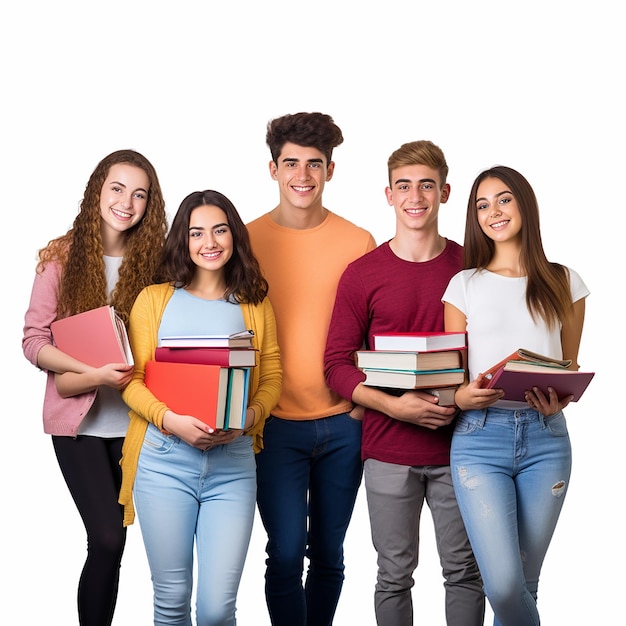 Photo group of college students school students friends with educational items