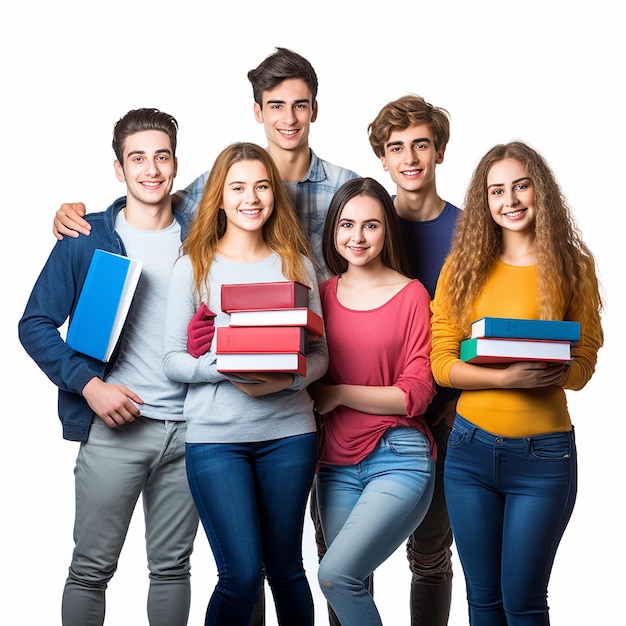 Photo group of college students school students friends with educational items