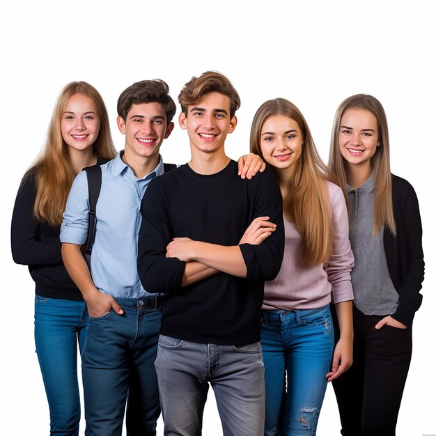 Photo group of college students school students friends with educational items